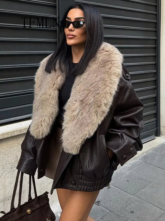 Faux Leather Jacket Women Oversized Fur Collar Winter Coat