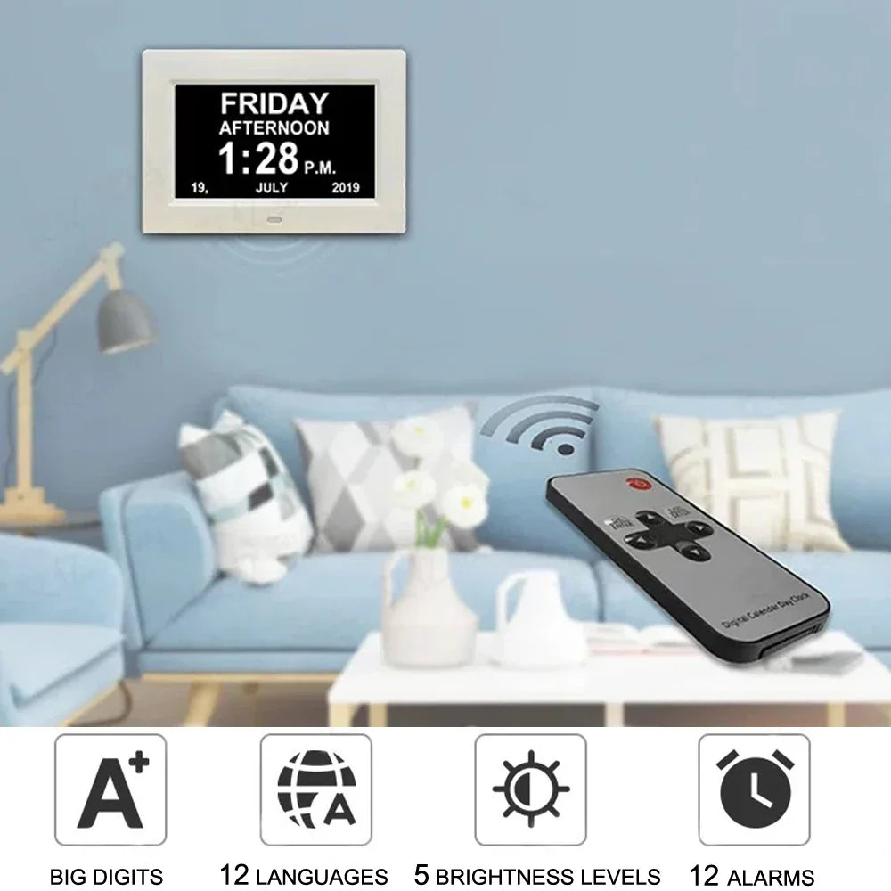 Digital Day Clock for Seniors – 12 Alarms & Medicine Reminder
