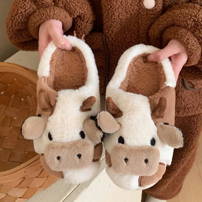 Cute Cow Plush Slippers – Warm Non-Slip Winter House Shoes