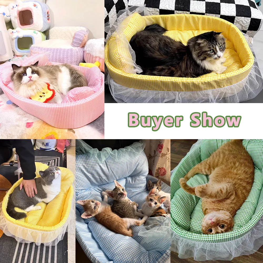 Cute Lace-Trimmed Pet Cat Princess Sofa Bed Four Seasons Washable Removable Soft Plush Oval Small