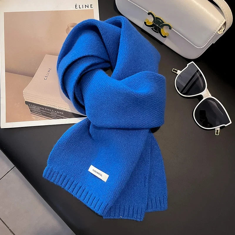 100% Wool Knitted Scarf – Women's Thick Solid Color Winter Shawl