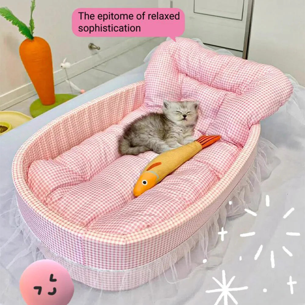 Cute Lace-Trimmed Pet Cat Princess Sofa Bed Four Seasons Washable Removable Soft Plush Oval Small