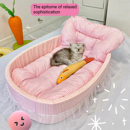 Cute Lace-Trimmed Pet Cat Princess Sofa Bed Four Seasons Washable Removable Soft Plush Oval Small