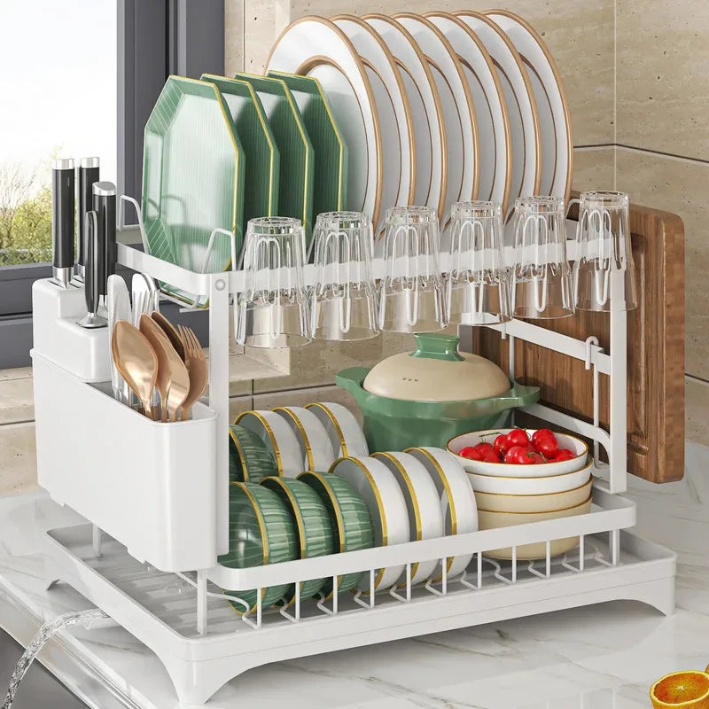 2-Tier Stainless Steel Dish Drying Rack with Drainboard & Utensil Holder