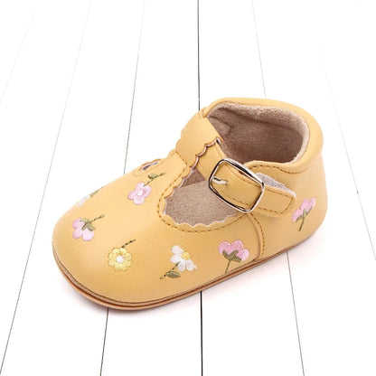 Baby Girl Embroidered Flower T-Strap Mary Jane Shoes