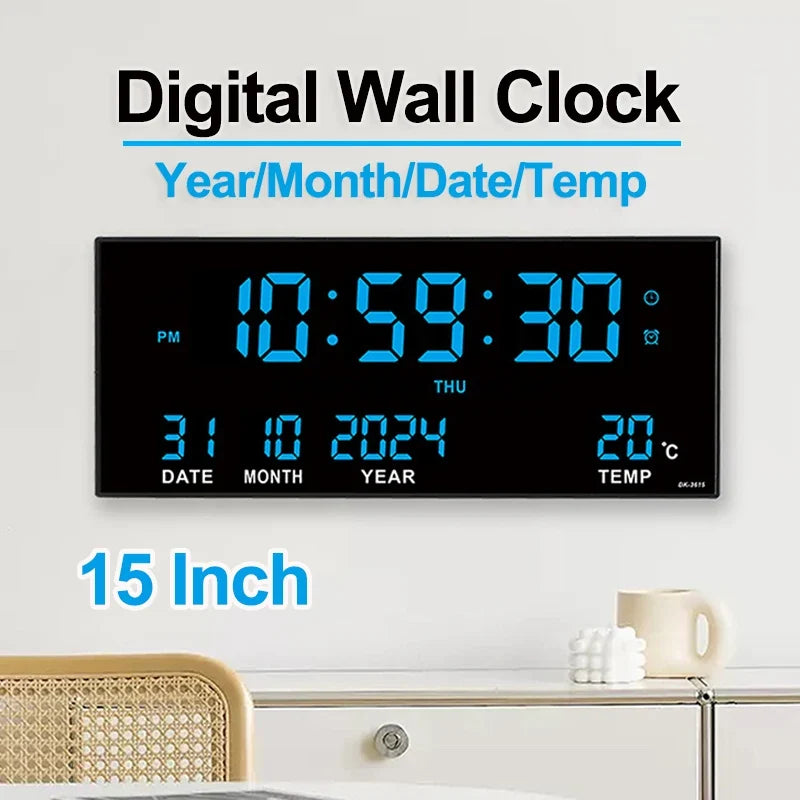 Large LED Digital Wall Clock with Alarm, Date & Temperature Display