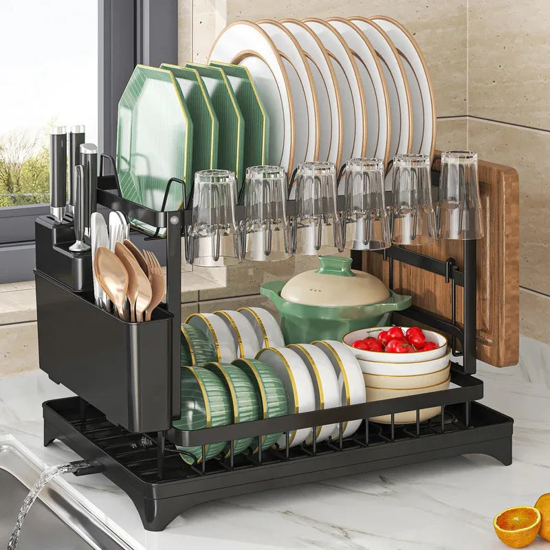2-Tier Stainless Steel Dish Drying Rack with Drainboard & Utensil Holder