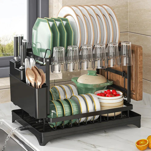 2-Tier Stainless Steel Dish Drying Rack with Drainboard & Utensil Holder