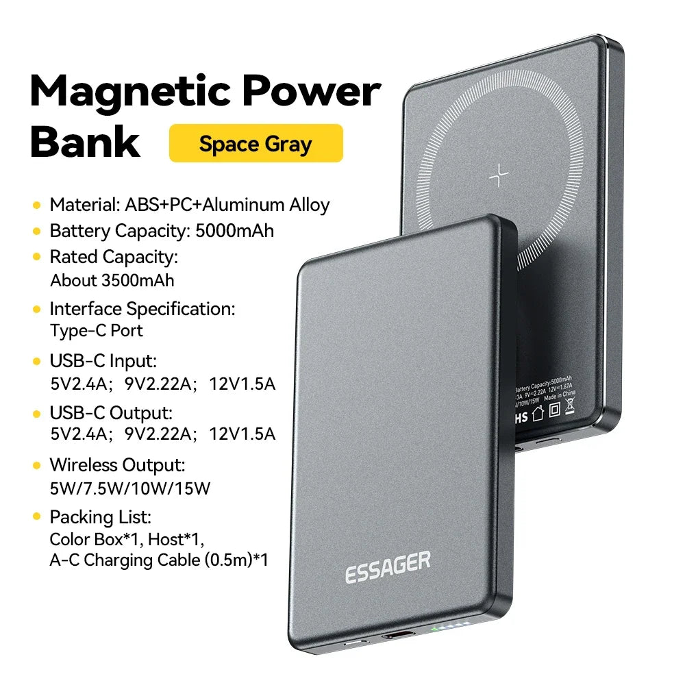 Essager Magnetic Wireless Power Bank 5000mAh 20W Slim MagSafe Portable Charger