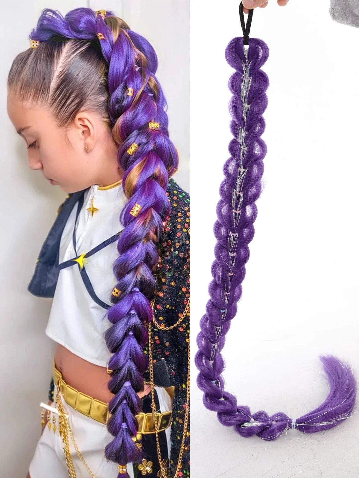 32 Inch Purple Braided Ponytail Hair Extension with Tinsel