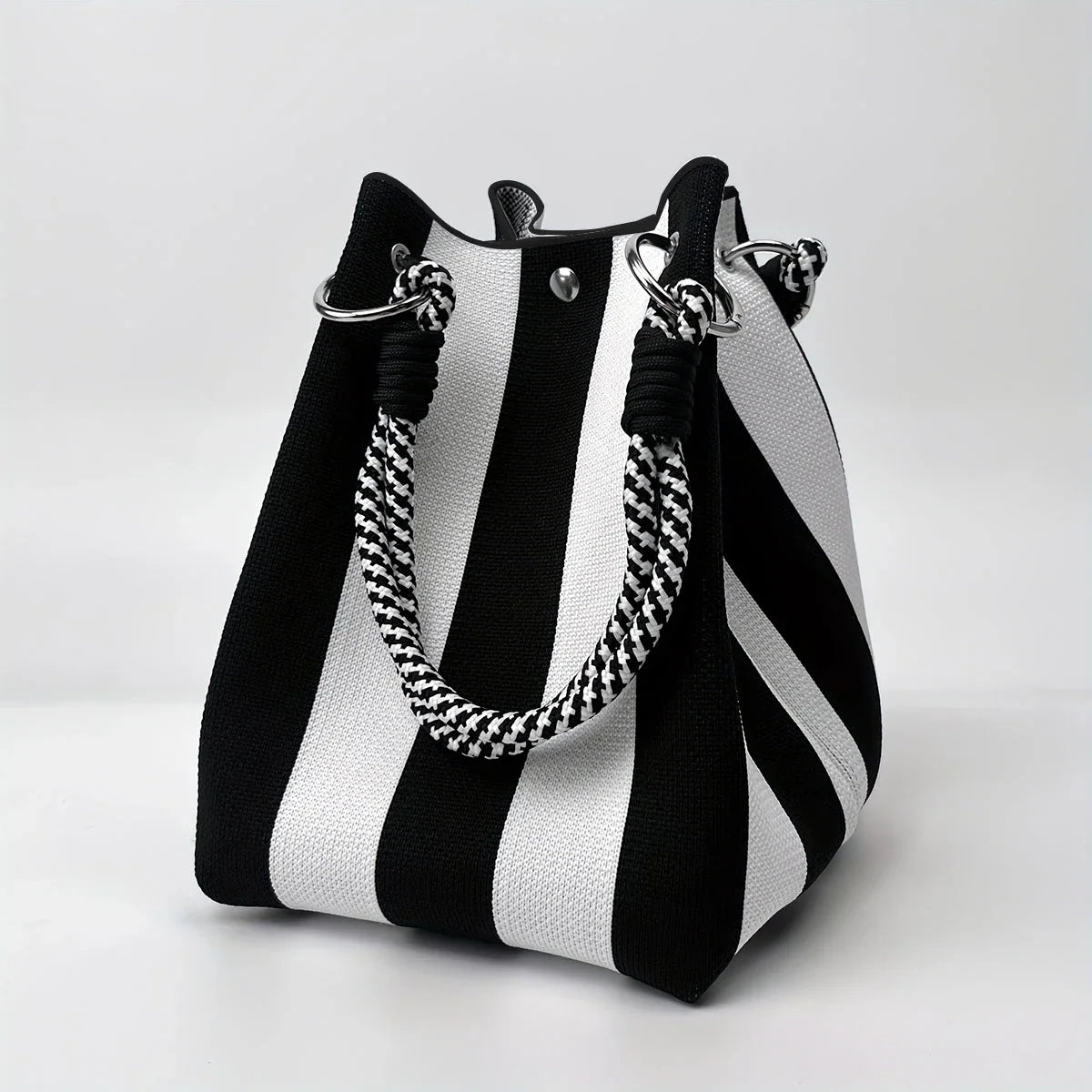 Color-Block Knitted Bucket Bag – Retro Striped Handbag