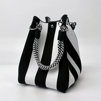 Color-Block Knitted Bucket Bag – Retro Striped Handbag