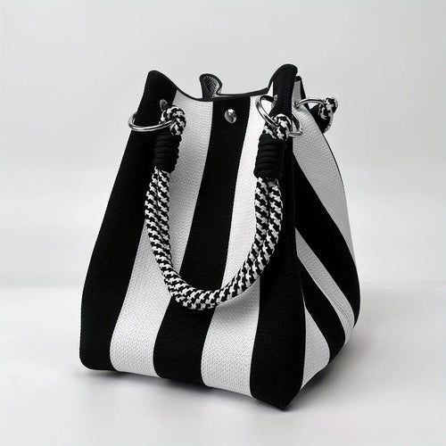 Color-Block Knitted Bucket Bag – Retro Striped Handbag