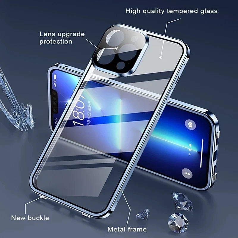 360 Magnetic Glass iPhone Case – Metal Frame Full Body Cover