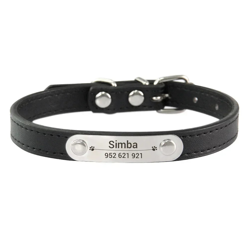 Personalized Dog Collar Name Carved Id Anti-Lost Solid Pu Leather Small Medium Large Dogs Puppy Cat