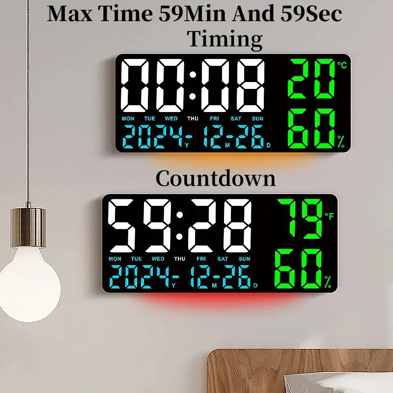 Large LED Digital Wall Clock – 7-Color Mood Light & Dual Alarm