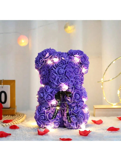 Rose Teddy Bear Gift – Artificial Flower Bear with LED Lights