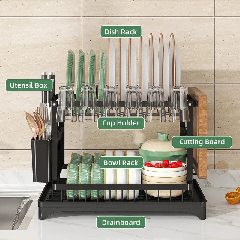 2-Tier Stainless Steel Dish Drying Rack with Drainboard & Utensil Holder