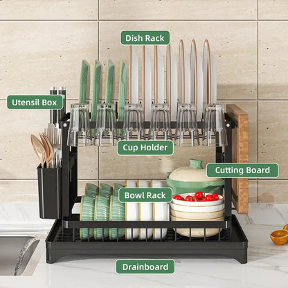2-Tier Stainless Steel Dish Drying Rack with Drainboard & Utensil Holder