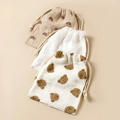 3-Pack Muslin Drawstring Storage Pouches – Baby Stroller Organizer Bags