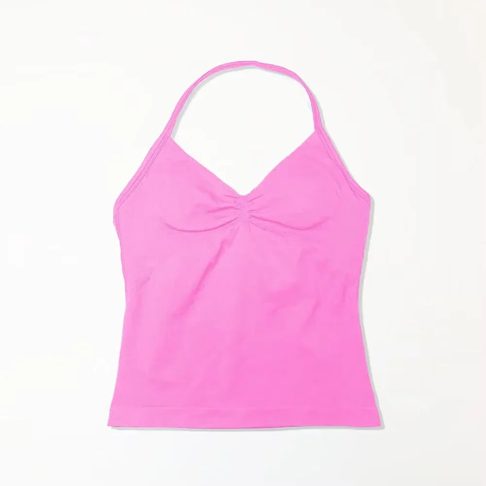 Nclagen Gym Longline Strappy Top Women Seamless Yoga Tank Removable Pads V Neck Workout Clothes