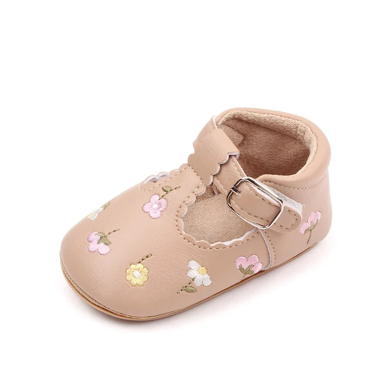 Baby Girl Embroidered Flower T-Strap Mary Jane Shoes