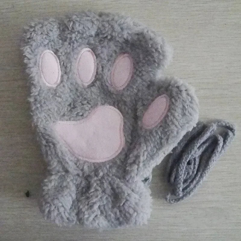 Cute Plush Cat Paw Fingerless Gloves, Warm & Soft Winter Mittens