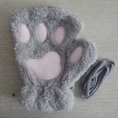 Cute Plush Cat Paw Fingerless Gloves, Warm & Soft Winter Mittens
