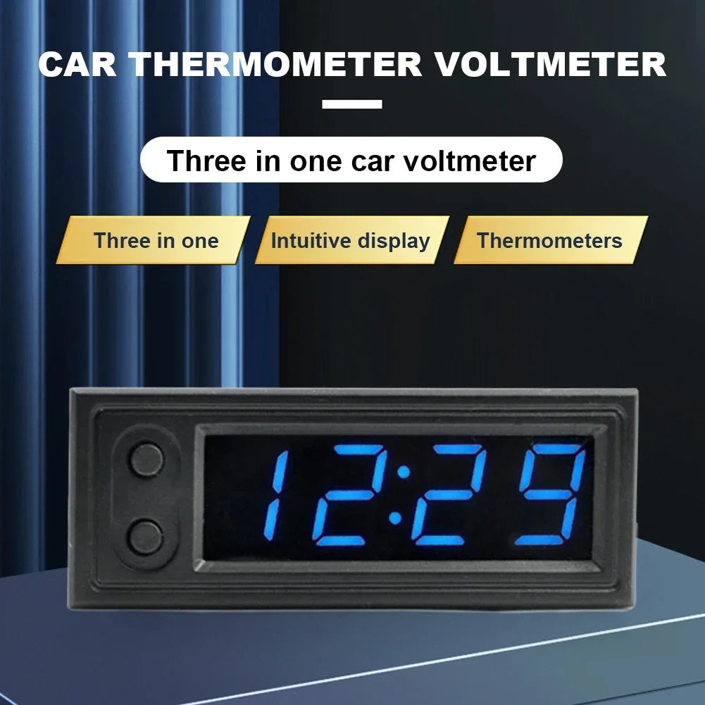 3-in-1 Car Dashboard Clock with Temperature & Voltmeter