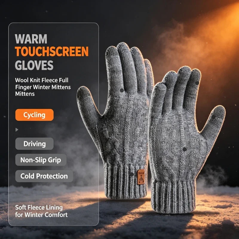 Men’s Thermal Wool Knitted Gloves, Touchscreen & Non-Slip for Winter Activities