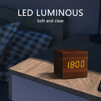 Wooden LED Digital Alarm Clock – Voice Control, Temp & Humidity