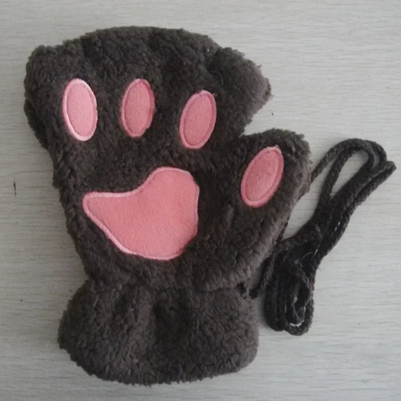 Cute Plush Cat Paw Fingerless Gloves, Warm & Soft Winter Mittens