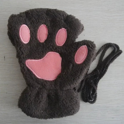 Cute Plush Cat Paw Fingerless Gloves, Warm & Soft Winter Mittens