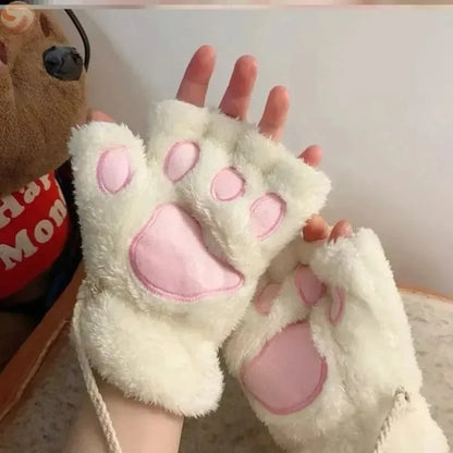 Cute Plush Cat Paw Fingerless Gloves, Warm & Soft Winter Mittens