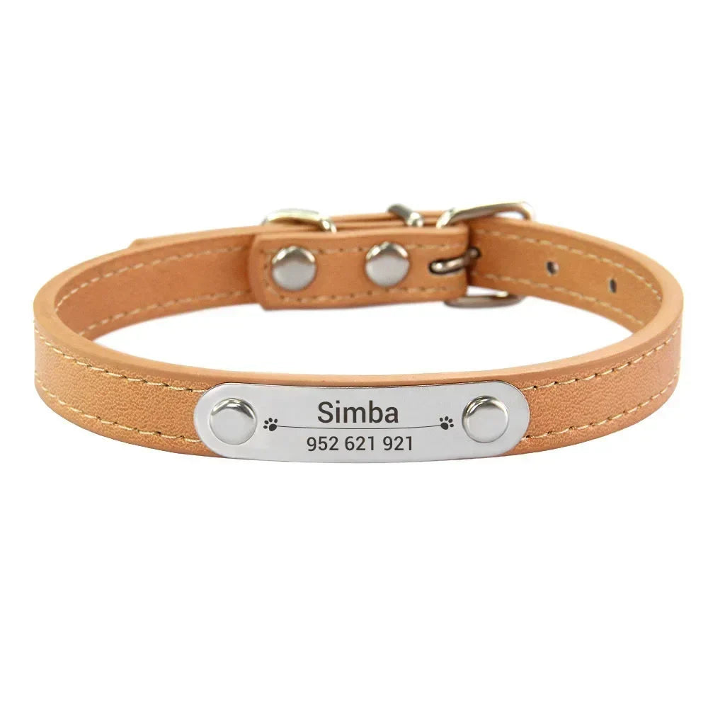 Personalized Dog Collar Name Carved Id Anti-Lost Solid Pu Leather Small Medium Large Dogs Puppy Cat