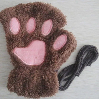 Cute Plush Cat Paw Fingerless Gloves, Warm & Soft Winter Mittens