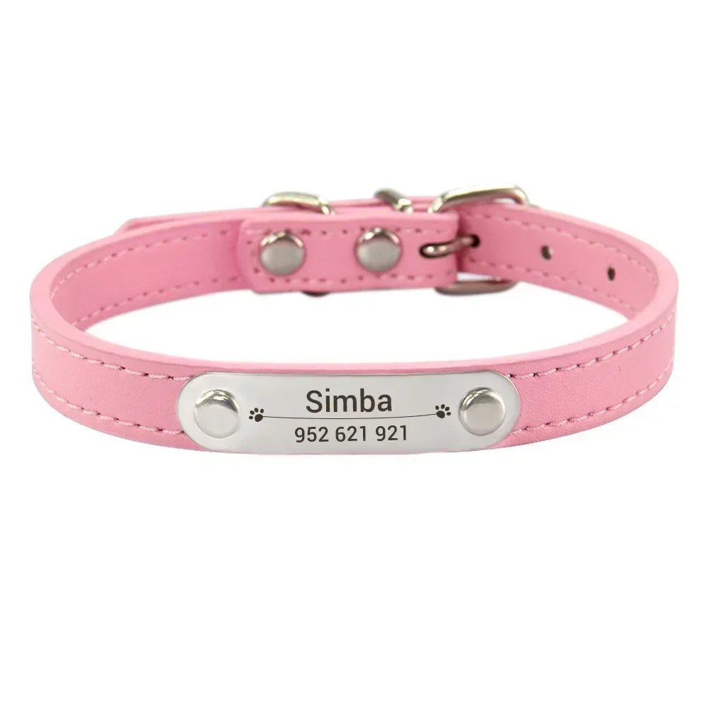 Personalized Dog Collar Name Carved Id Anti-Lost Solid Pu Leather Small Medium Large Dogs Puppy Cat