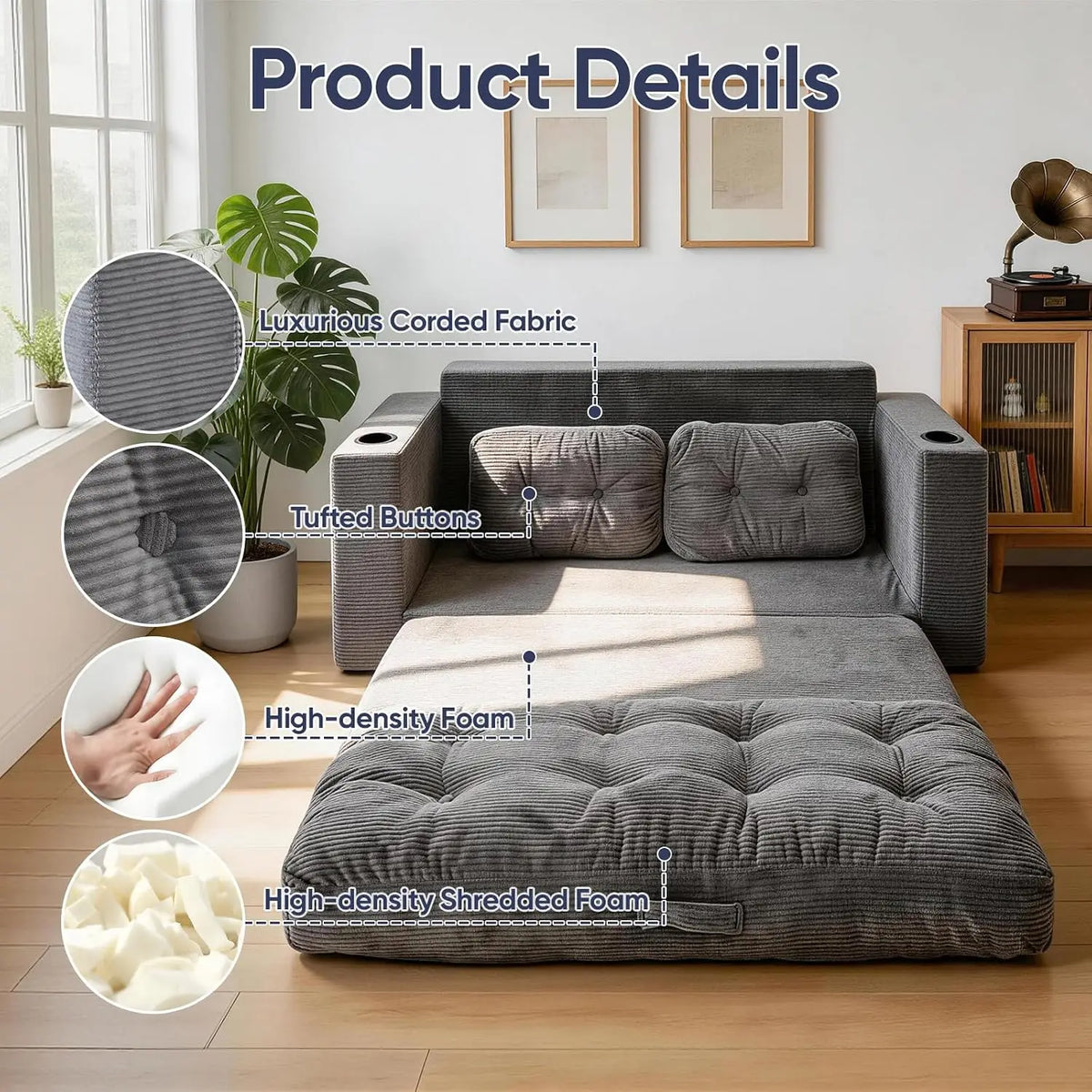 Convertible Corduroy Loveseat Sleeper Sofa Bed with Cup Holders