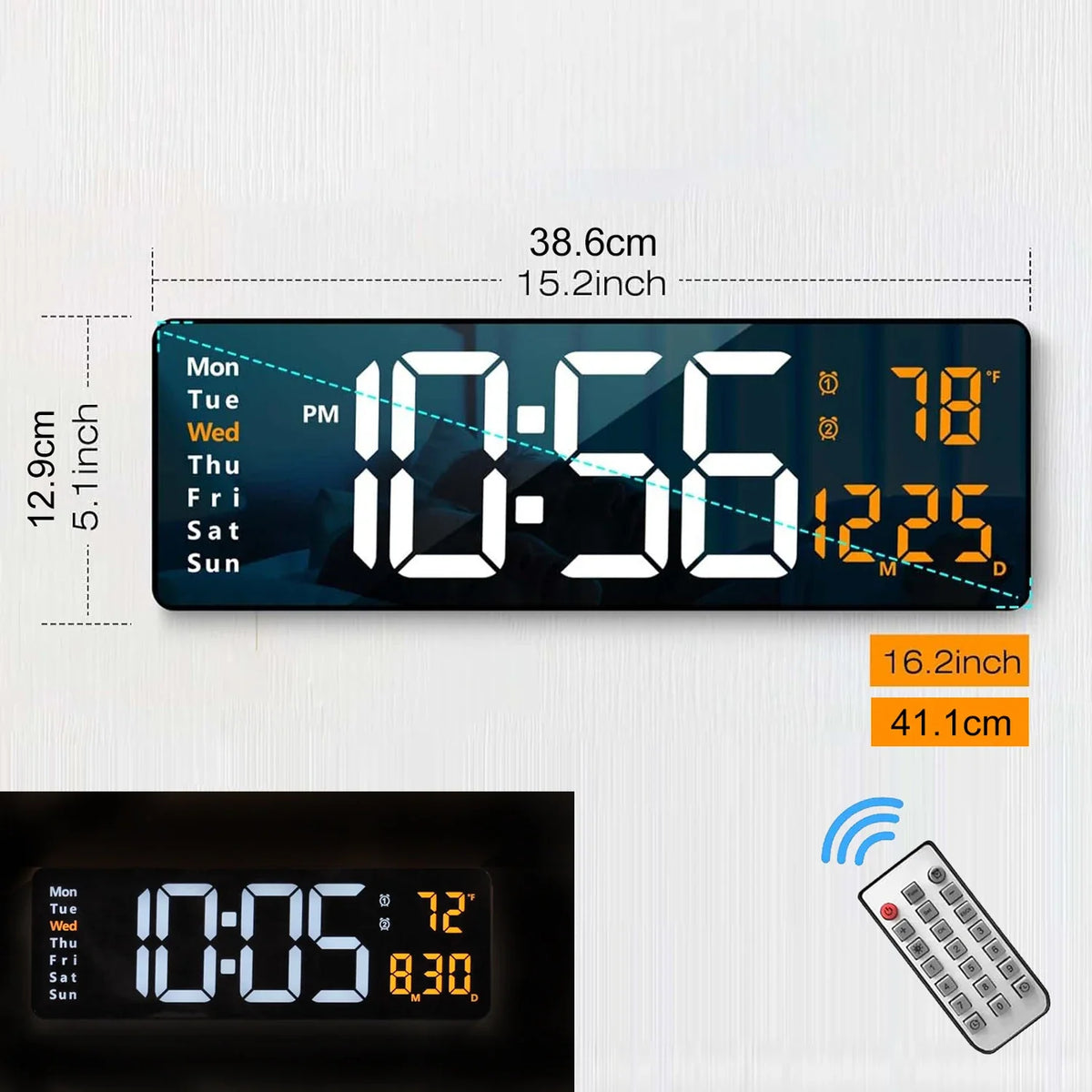 Large LED Digital Wall Clock with Remote – 16 Inch, 8 Colors