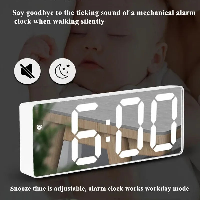 Digital LED Alarm Clock – Mirror & Acrylic, Voice Control, Dual Alarm