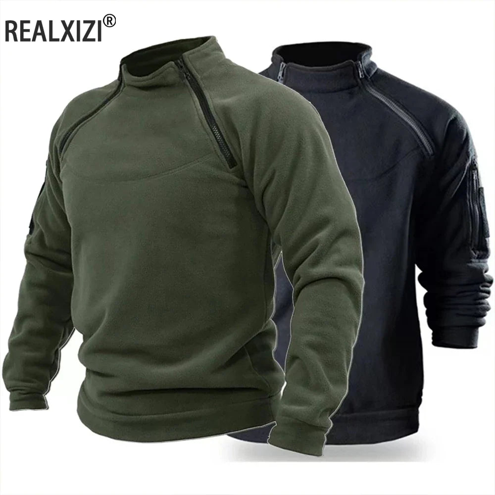 Men’s Tactical Hooded Sweatshirt, Long-Sleeve Stand-Collar Pullover for Hiking & Camping