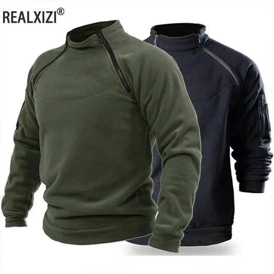 Men’s Tactical Hooded Sweatshirt, Long-Sleeve Stand-Collar Pullover for Hiking & Camping