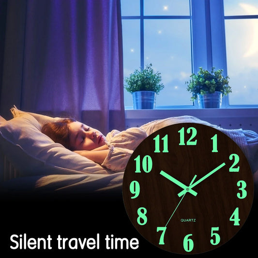 Luminous Wall Clock – Silent Wooden Nordic Glow-in-the-Dark Quartz Clock