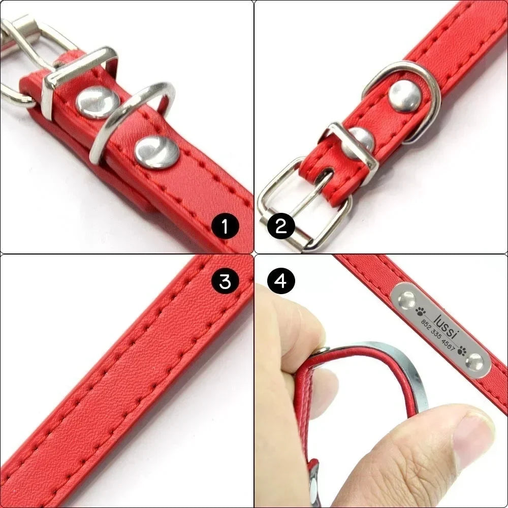 Personalized Dog Collar Name Carved Id Anti-Lost Solid Pu Leather Small Medium Large Dogs Puppy Cat