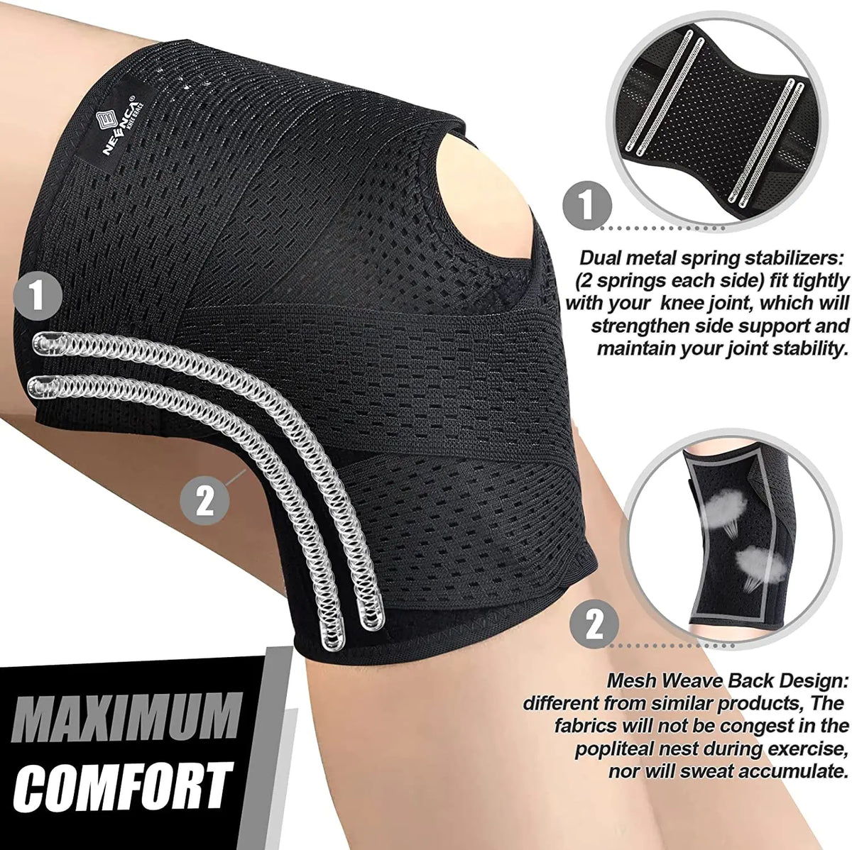 Neenca Knee Brace Pain Compression Support Air Mesh Fabric Side Stabilizers Meniscus Tear Acl