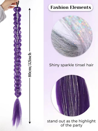 32 Inch Purple Braided Ponytail Hair Extension with Tinsel