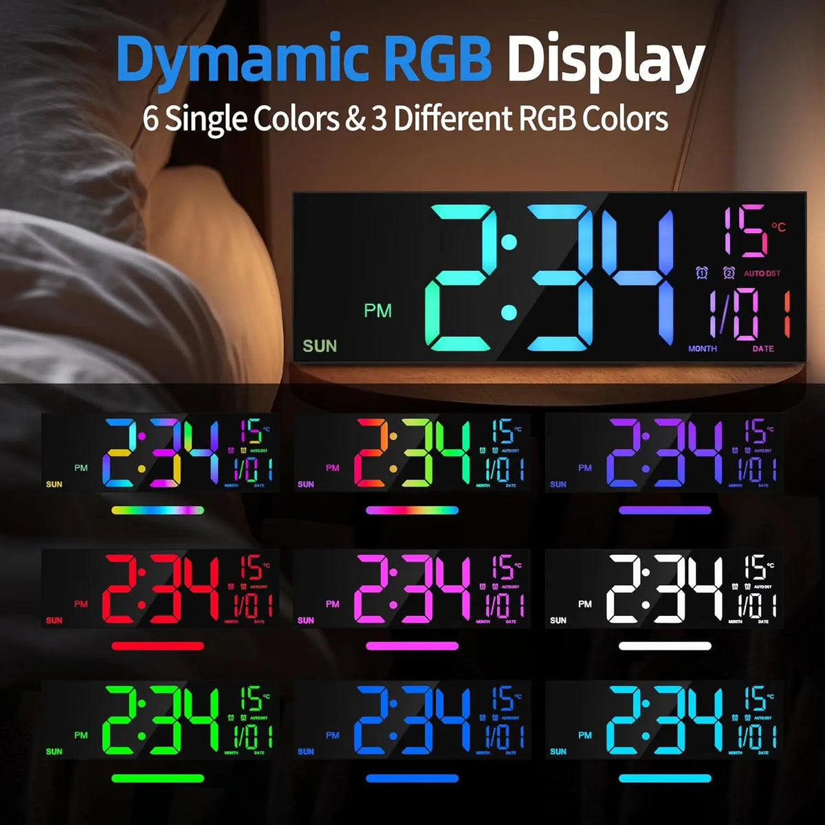 Large LED Digital Wall Clock with Remote – 16 Inch, 8 Colors