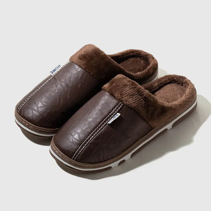 Plus Size PU Leather Fur Lined Winter Slippers for Men & Women