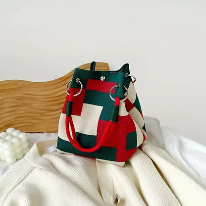 Retro Knitted Color Block Bucket Handbag