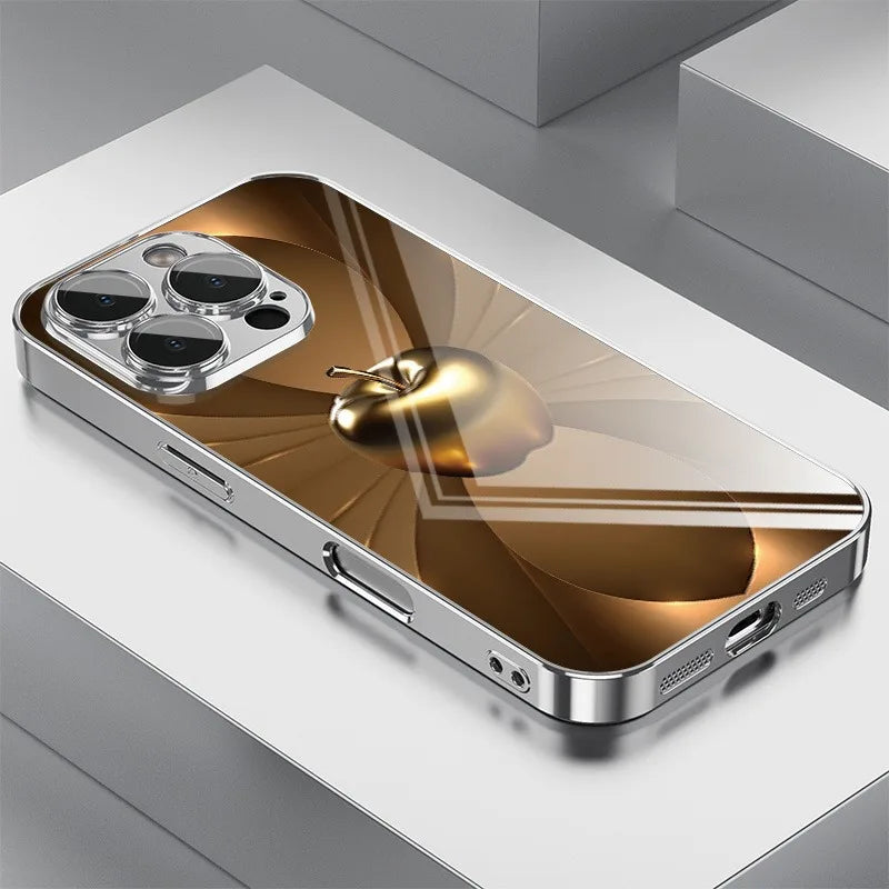 Tempered Glass iPhone Case – 3D Metal Apple Tech Pattern, Electroplated